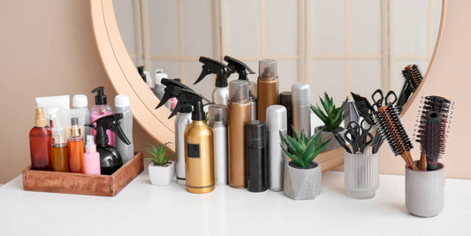 Multiple hair products on a table.